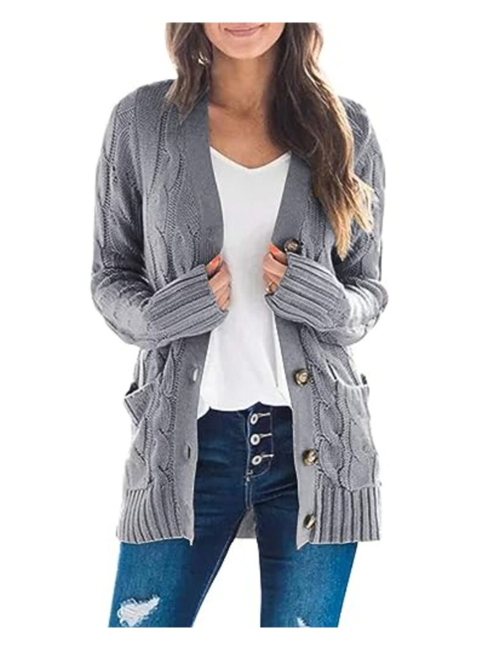 Cable Knit Cardigan Button Open Front Lightweight Sweater